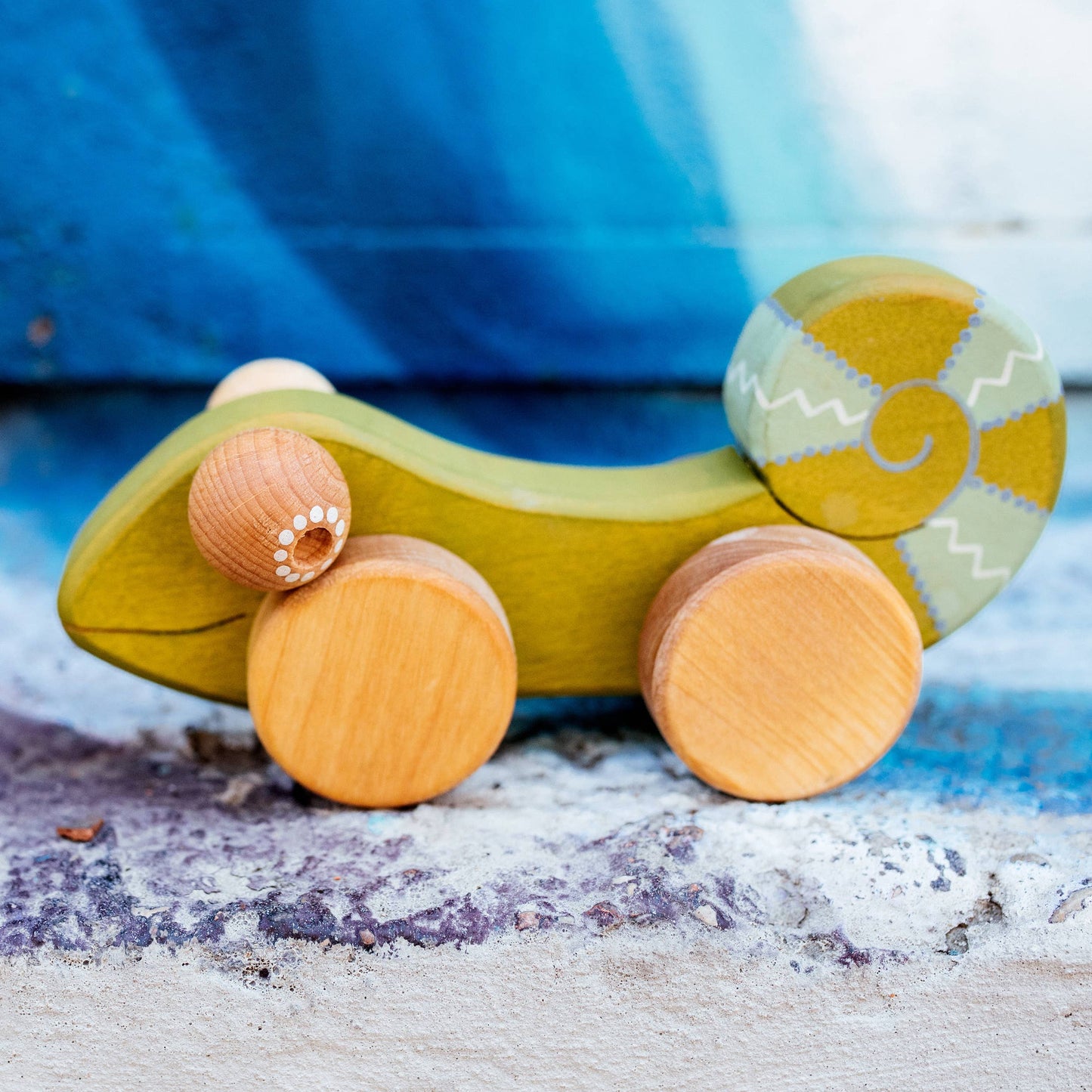 Handcrafted Birch Wood Chameleon Push and Pull Toy