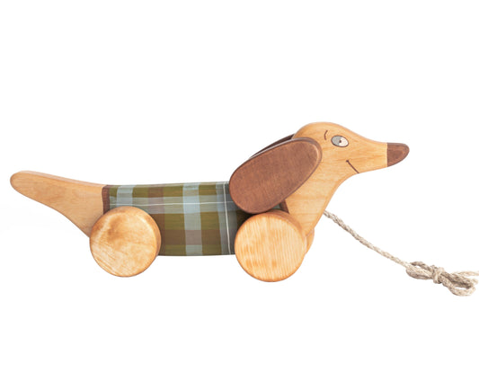 Handcrafted Birch Wood Green Sausage Dog Pull Toy