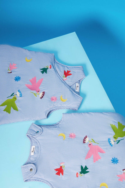 Sleeping Bag 6-18 Months - Multicolored Embroidered Cotton Birds