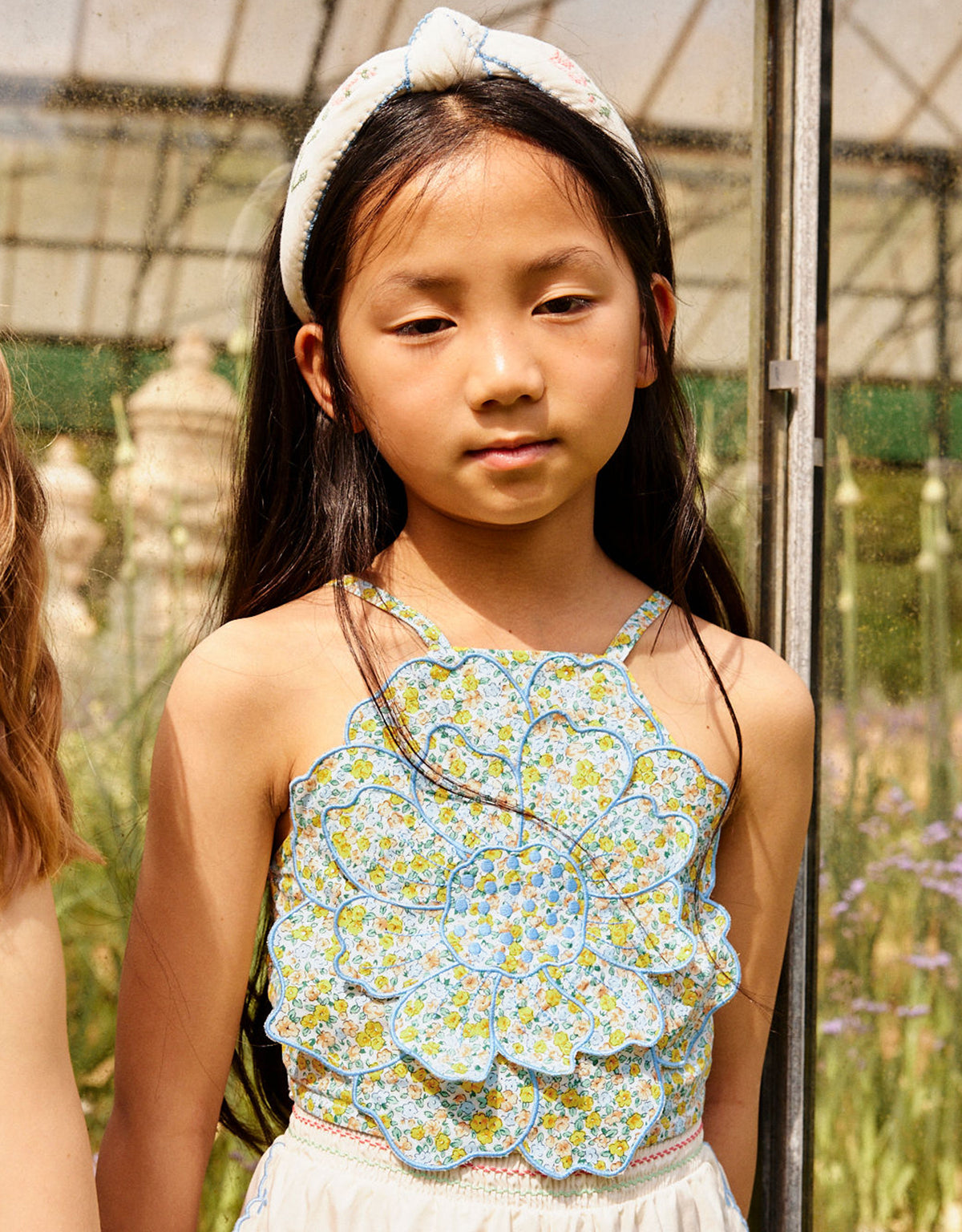 Eloise Halter Top with Large Flower Appliqué & Contrast Stitching