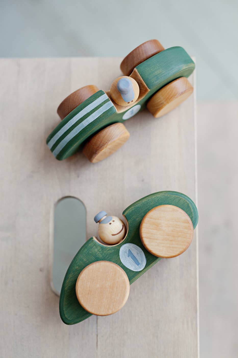 Handcrafted Birch Wood Green Race Car Toy