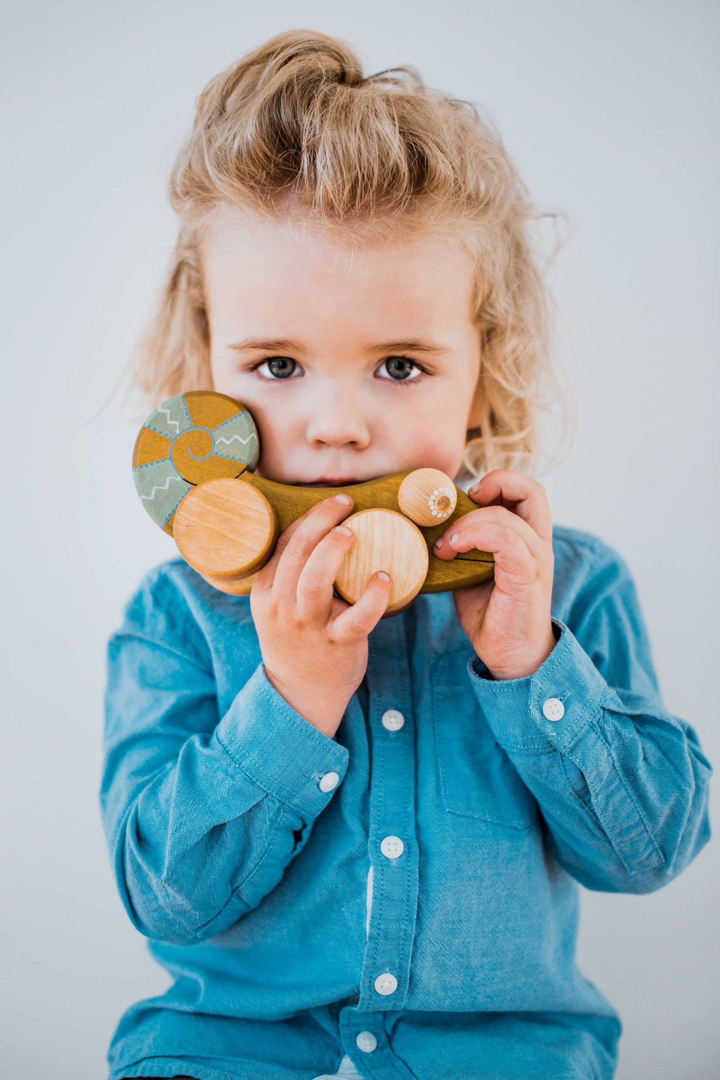Handcrafted Birch Wood Chameleon Push and Pull Toy