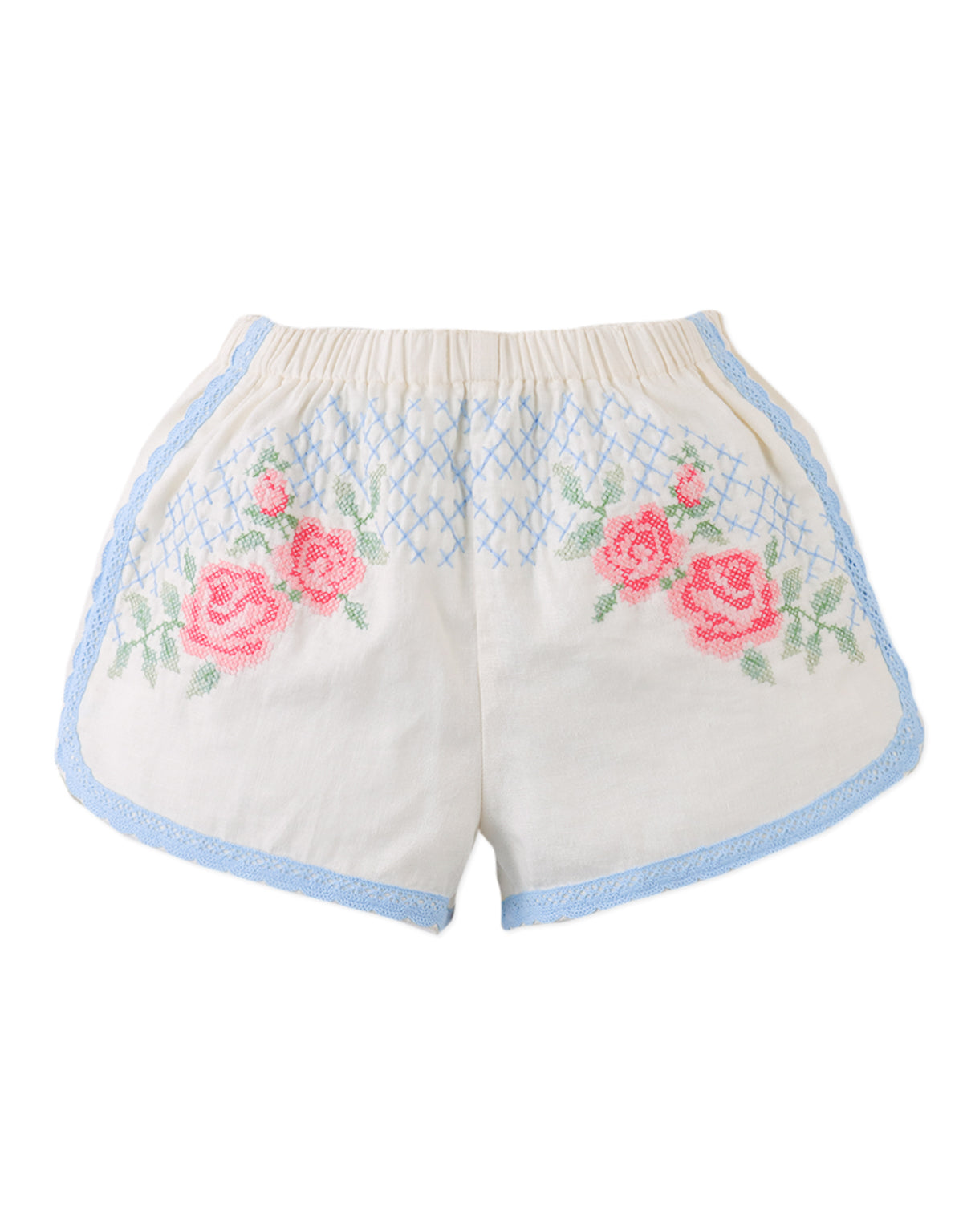 Nelly Cross-Stitch Shorts with Lace Trims