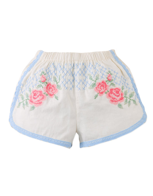 Nelly Cross-Stitch Shorts with Lace Trims