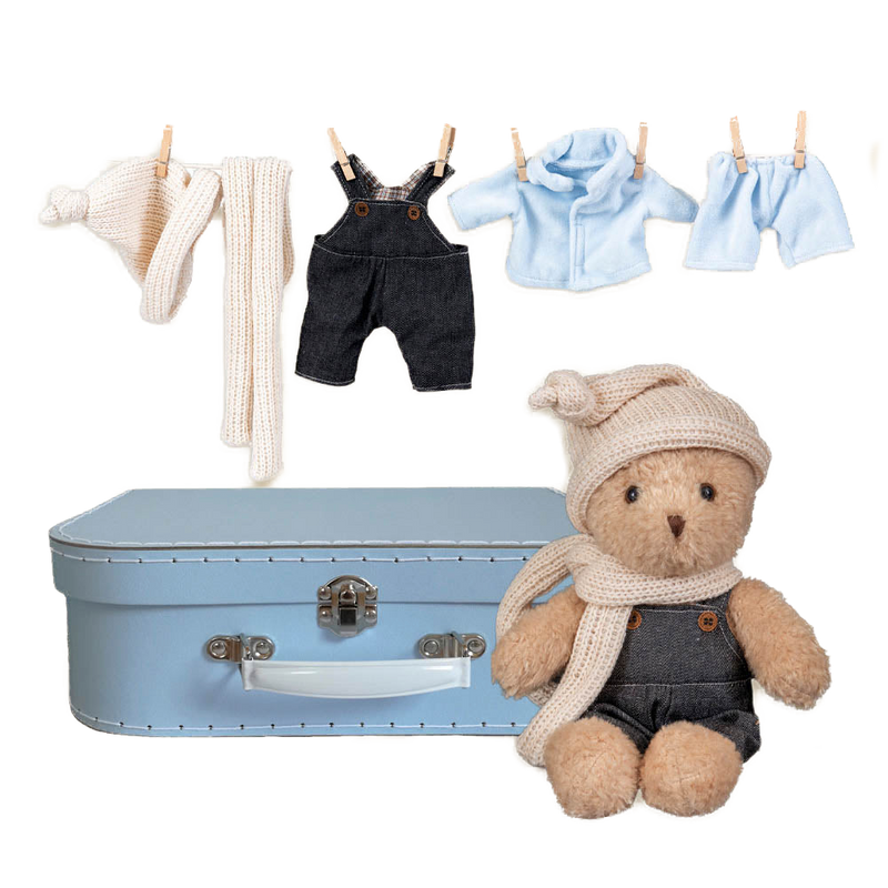 Morris bear with clothes in a case