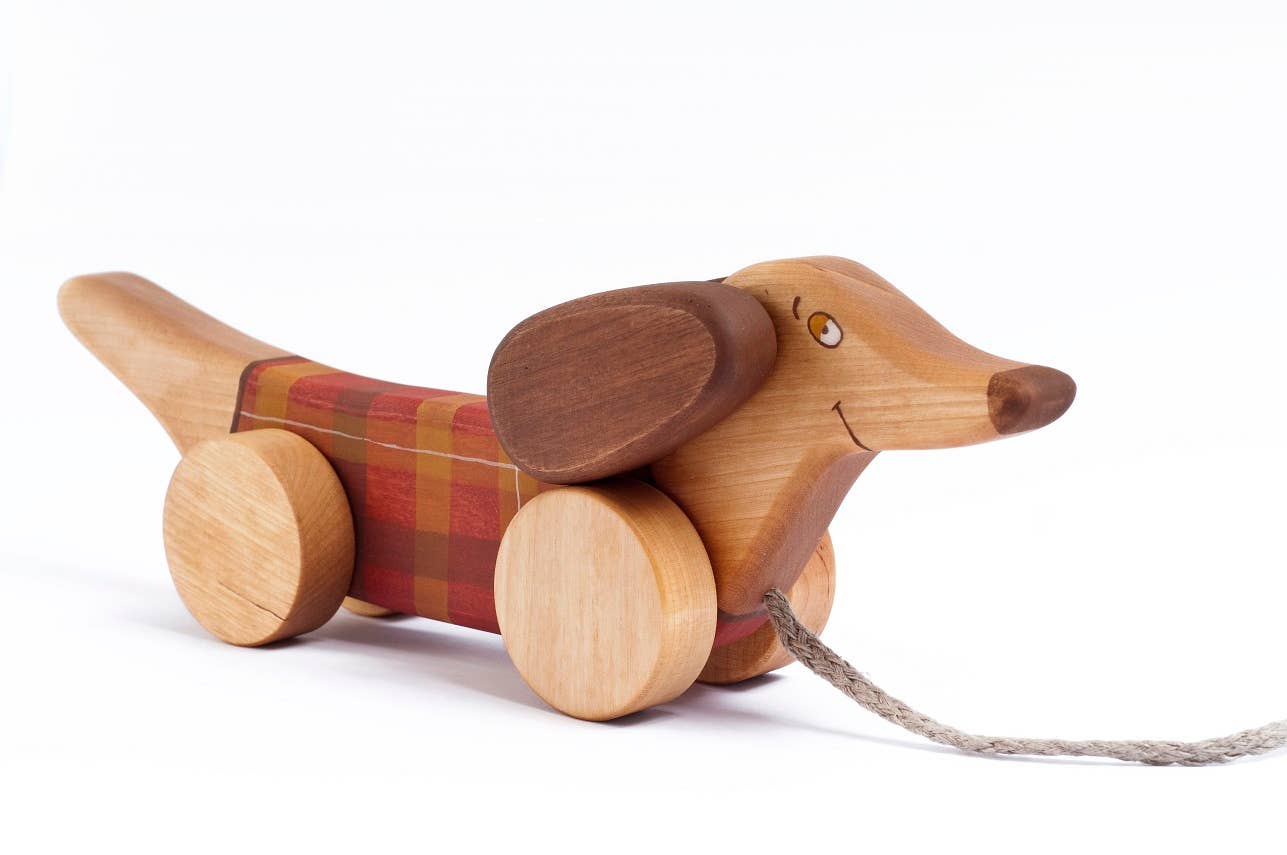 Handcrafted Wooden Red Sausage Dog Pull Toy