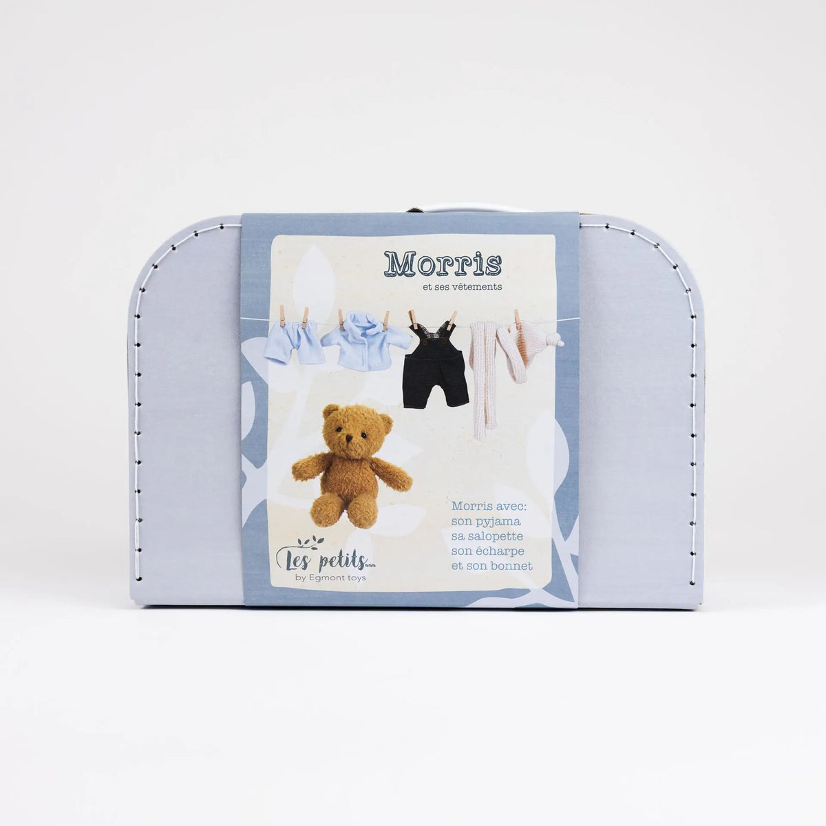 Morris bear with clothes in a case
