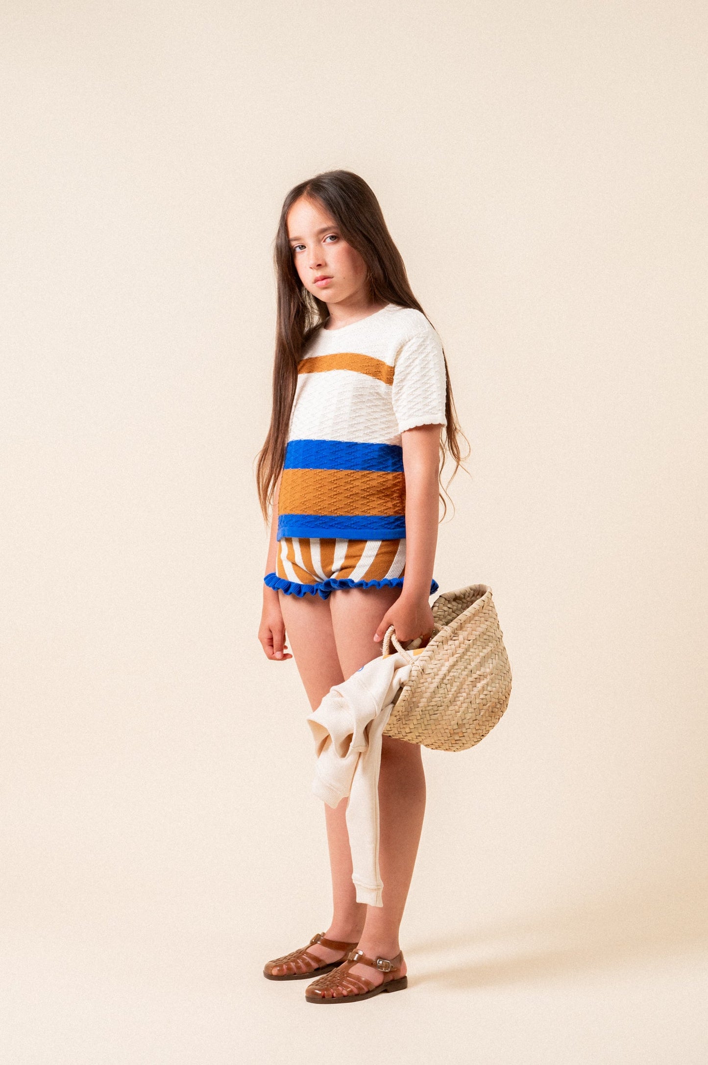 Jersey punto rayas caramel manga corta niña