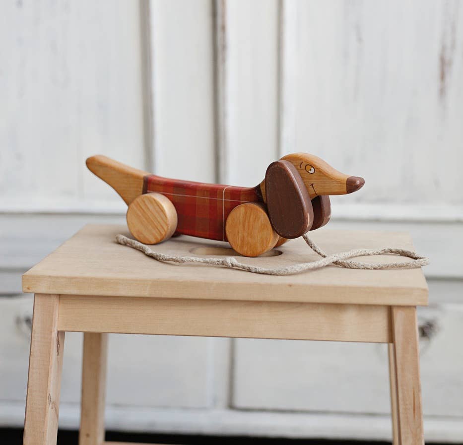 Handcrafted Wooden Red Sausage Dog Pull Toy