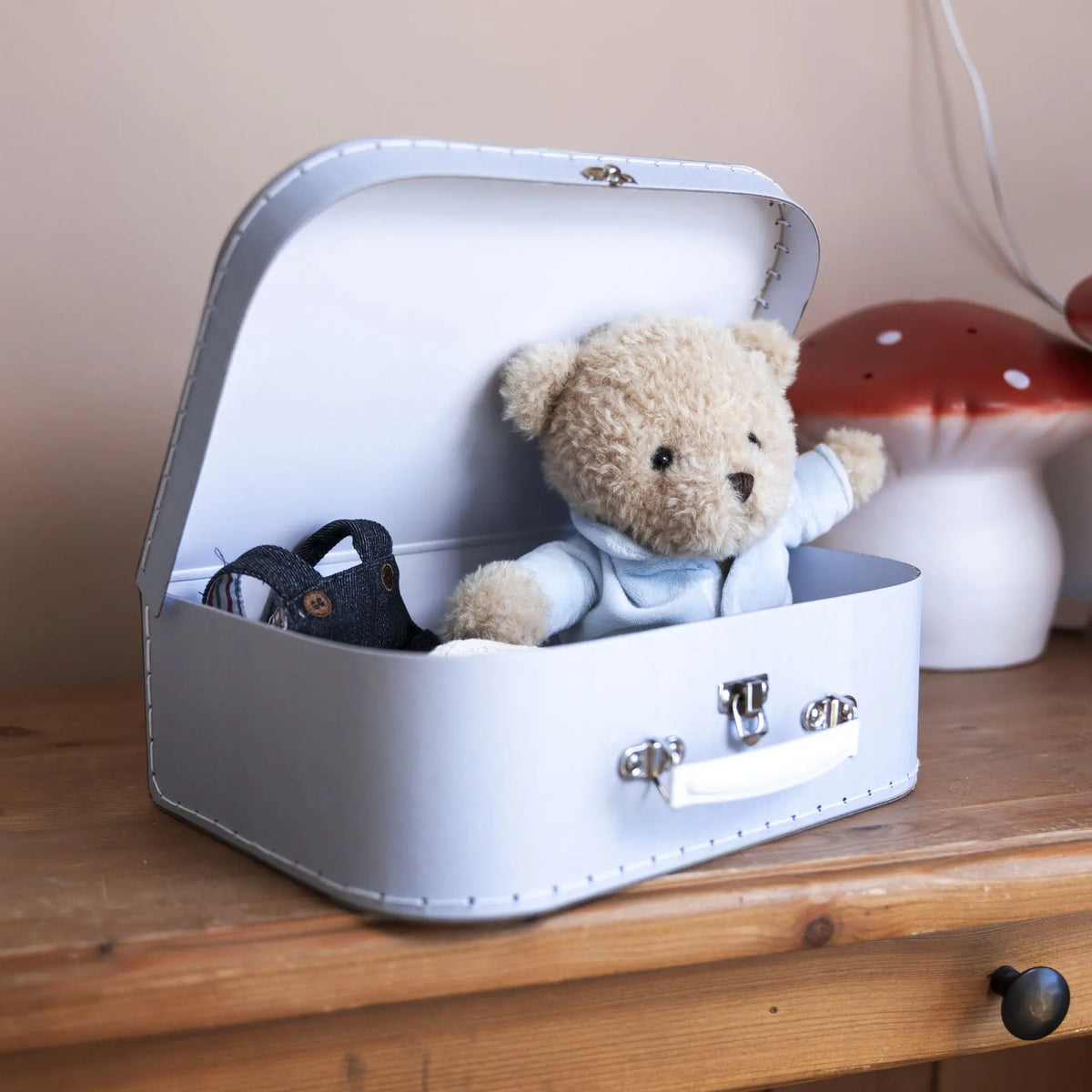 Morris bear with clothes in a case