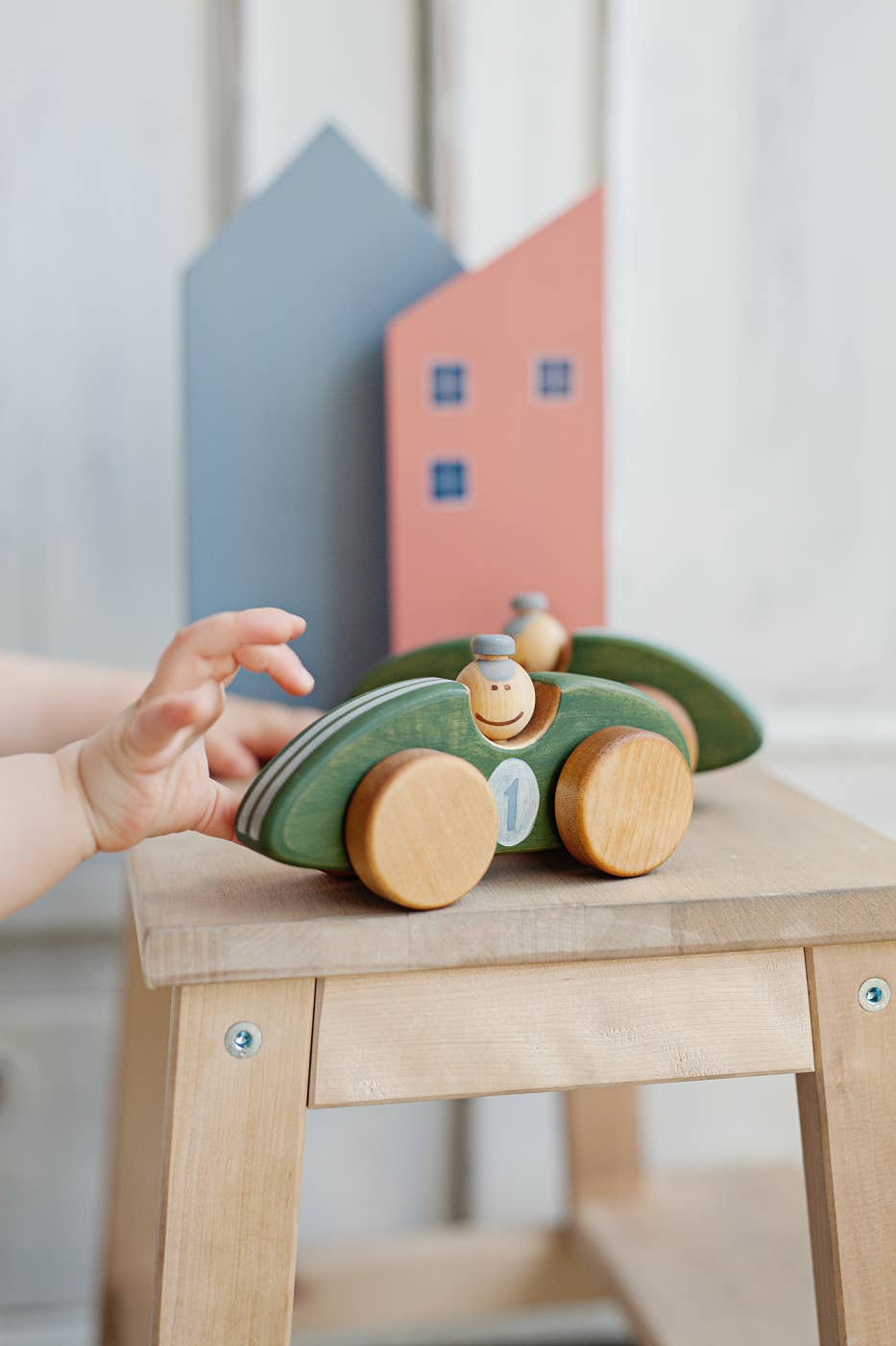 Handcrafted Birch Wood Green Race Car Toy